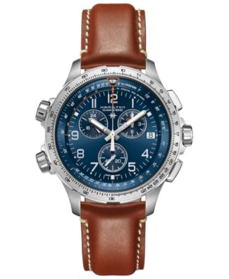 Hamilton - Men's Swiss Chronograph Khaki X-Wind GMT Brown Leather Strap Watch 46mm
