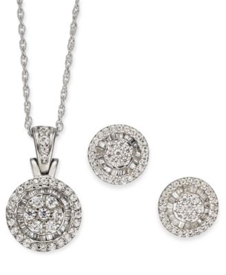 Macy's Brand - 2-Pc. Set Diamond Round Halo Cluster Pendant Necklace & Matching Stud Earrings (1 ct. t.w.) in 10k White Gold (Also in Heart & Square)