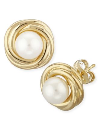 Macy's - Love Knot Pearl (5 mm) Stud Earrings Set in 14k Yellow Gold