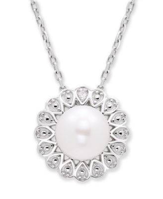 Macy's - Cultured Freshwater Pearl (7 mm) Diamond Accent Necklace in Sterling Silver