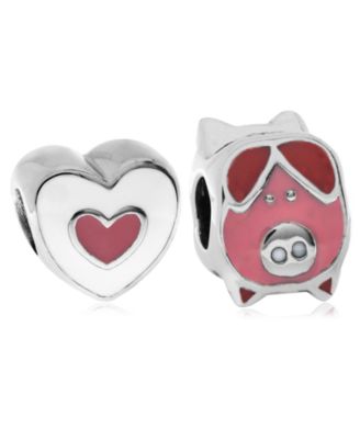Rhona Sutton - Children's Enamel Piglet Heart Bead Charms - Set of 2 in Sterling Silver