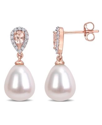 Macy's - Freshwater Cultured Pearl (9-9.5mm), Morganite (1/2 ct. t.w.) and Diamond (1/7 ct. t.w.) Drop Earrings in 10k Rose Gold