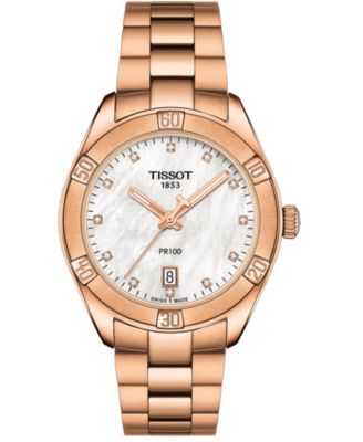 Tissot - Women's Swiss PR 100 Sport Chic T-Classic Diamond (1/20 ct. t.w.) Rose Gold-Tone Stainless Steel Bracelet Watch 36mm
