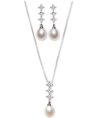 Macy's Brand - Cultured Freshwater Pearl (7x9mm) and Cubic Zirconia Pendant Earring Set in Sterling Silver