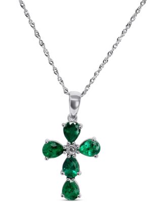 Macy's Brand - Emerald (1-1/3 ct. t.w.) & Diamond Accent Cross 18" Pendant Necklace in 14k White Gold