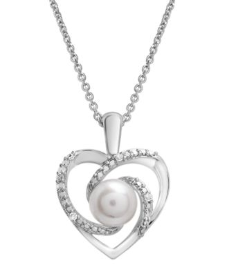 Macy's Brand - Cultured Freshwater Pearl (6mm) & Diamond Accent Swirl Heart 18" Pendant Necklace in Sterling Silver