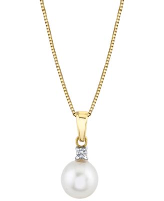 Macy's - Cultured Freshwater Pearl (7-1/2mm) & Diamond Accent 18" Pendant Necklace in 14k Gold