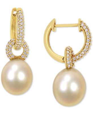Macy's Brand - Cultured Golden South Sea Oval Pearl (9mm) & Diamond (1/2 ct. t.w.) Dangle Huggie Hoop Earrings in 14k Gold