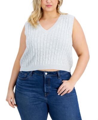 FULL CIRCLE TRENDS - Trendy Plus Size Cropped Cable-Front V-Neck Sweater Vest