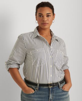 Lauren Ralph Lauren - Plus Size Stripe Roll Tab Button-Down Shirt