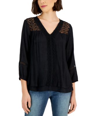 Style & Co - Petite Long-Sleeve V-Neck Lace-Trim Top