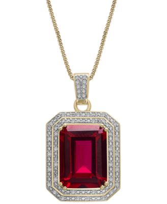 Macy's Brand - Lab Created Ruby (6-5/8 ct. t.w.) & Diamond (1/4 ct. t.w.) Rectangular Pendant Necklace in 14k Gold-Plated Sterling Silver, 22"
