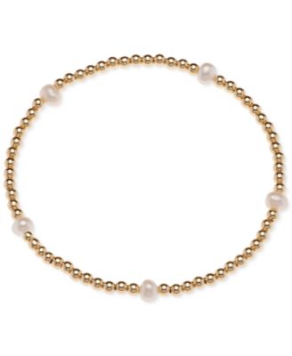 Macy's Brand - Cultured Freshwater Pearl (4-1/2 - 5mm) & Polished Bead Station Stretch Bracelet in 18k Gold-Plated Sterling Silver