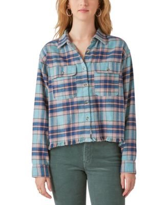 Lucky Brand - Cotton Raw Edge Plaid Cropped Button Down Top