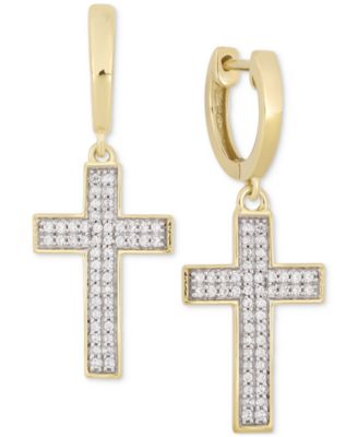 Macy's Brand - Men's Diamond Cross Dangle Huggie Hoop Earrings (1/4 ct. t.w.) in 10k Gold
