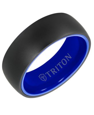 Triton - Men's Rounded Edge Wedding Band in Blue Ceramic & Raw Black Tungsten Carbide