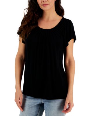 Style & Co - Women's Solid-Color Pleated-Neck Short-Sleeve Top