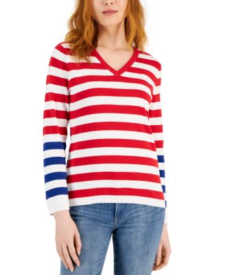 Tommy Hilfiger - Women's Cotton V-Neck Striped Sweater