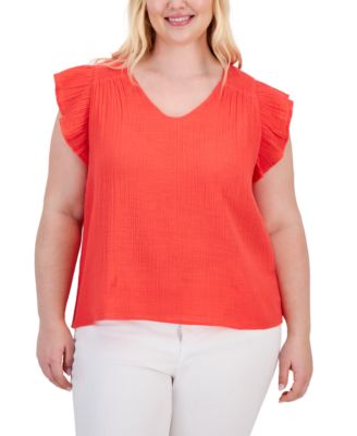 Style & Co - Plus Size Cotton Smocked-Shoulder Flutter-Sleeve Top