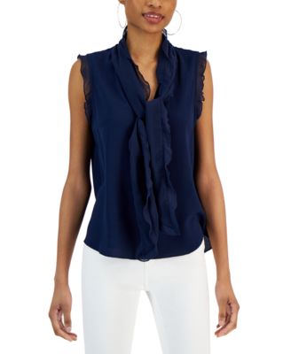 Fever - Women's Tie-Neck Sleeveless Ruffle-Trim Top