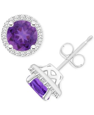 Macy's - Amethyst (1-1/2 ct. t.w.) & Diamond (1/5 ct. t.w.) Halo Stud Earrings in Sterling Silver (Also in Citrine, Garnet, Peridot, & Blue Topaz)