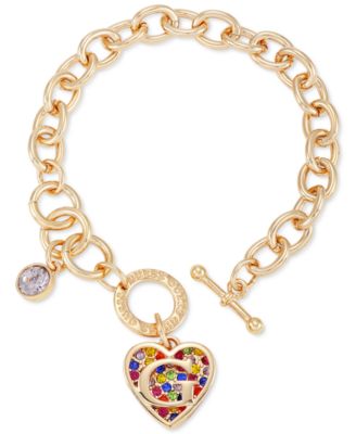 GUESS - Gold-Tone Rainbow Pav&eacute; Logo Heart Link Bracelet