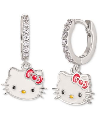 Macy's Brand - Cubic Zirconia & Enamel  Hello Kitty Dangle Hoop Drop Earrings in Sterling Silver