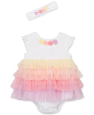 Little Me - Baby Girls Mesh Popover Bodysuit Dress and Headband, 2 Piece Set