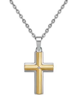 Macy's Brand - Diamond Accent Cross Pendant Necklace in Stainless Steel and 10K Gold