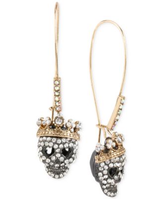 Betsey Johnson - Two-Tone Pav&eacute; Skull Long Drop Earrings