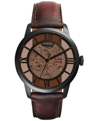 Fossil - Men's Automatic Townsman Dark Brown Leather Strap Watch 44mm ME3098