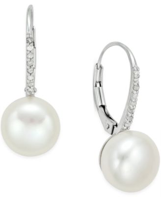 Macy's Brand - Cultured Freshwater Pearl (10mm) and Diamond (1/10 ct. t.w.) Leverback Earrings in Sterling Silver