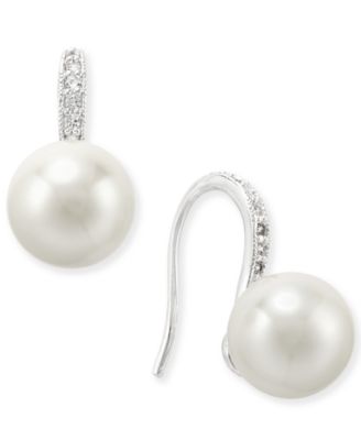 Charter Club - Silver-Tone Imitation Pearl and Pav&eacute; Drop Earrings