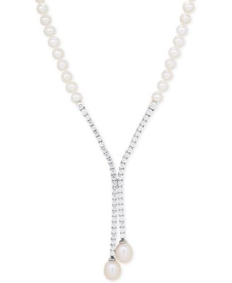 Arabella - Cultured Freshwater Pearl (5mm & 10 x 8mm) & Cubic Zirconia Lariat Necklace in Sterling Silver
