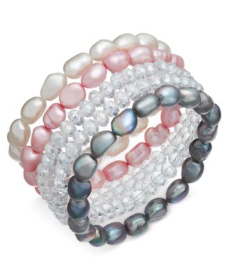 Macy's Brand - 5-Pc. Set White, Pink & Gray Cultured Freshwater Baroque Pearl (7mm) and Rondel Crystal Stretch Bracelets