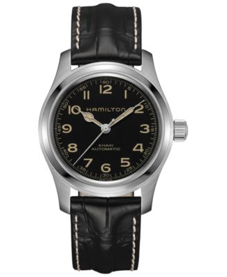 Hamilton - Men's Swiss Automatic Khaki Field Black Leather Strap Watch 42mm