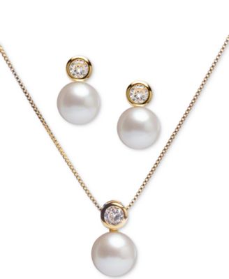 Macy's Brand - 2-Pc. Set Cultured Freshwater Pearl (8mm) & Cubic Zirconia 18" Pendant Necklace and Stud Earrings Set in 18k Gold-Plated Sterling