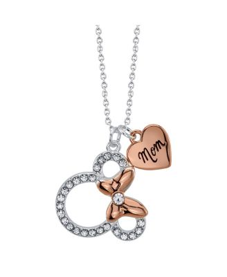 Disney - Fine Silver Plated Clear Crystal Minnie Mouse "Mom'" Necklace, 16"+2" Extender