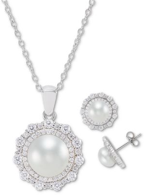 Macy's Brand - 2-Pc. Set Cultured Freshwater Pearl (7mm & 9mm) Cubic Zirconia Pendant Necklace & Matching Stud Earrings in Sterling Silver