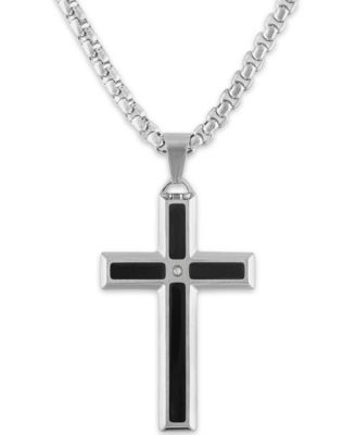 Macy's Brand - Men's Diamond Accent Black Enamel Cross 24" Pendant in Stainless Steel
