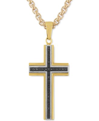 Macy's Brand - Men's Black Diamond Cross 22" Pendant Necklace (1/6 ct. t.w.) in Stainless Steel, Black & Yellow Ion-Plate