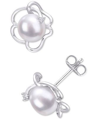 Macy's - Cultured Freshwater Pearl (7-1/2mm) & Lab-Created White Sapphire Accent Flower Stud Earrings in Sterling Silver