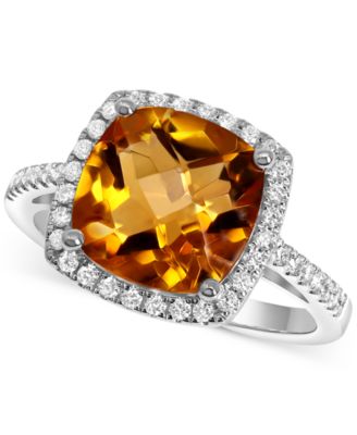 Macy's Brand - Citrine (3-1/2 ct. t.w.) & Diamond (1/4 ct. t.w.) Halo Ring in 14k White Gold