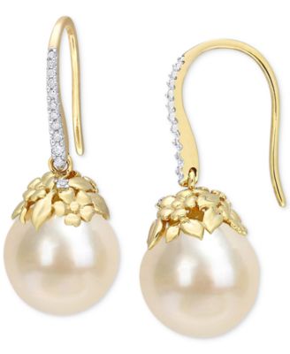 Macy's Brand - Cultured South Sea Pearl (9-10mm) & Diamond (1/8 ct. t.w.) Drop Earrings in 14k Gold