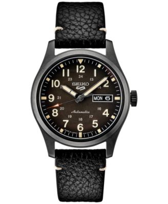 Seiko - Men's Automatic 5 Sports Black Leather Strap Watch 43mm