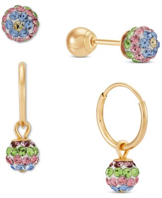 Macy's Brand - Children's 2-Pc Set Multicolor Crystal Reversible Stud & Dangle Hoop Earrings in 14k Gold-Plated Sterling Silver