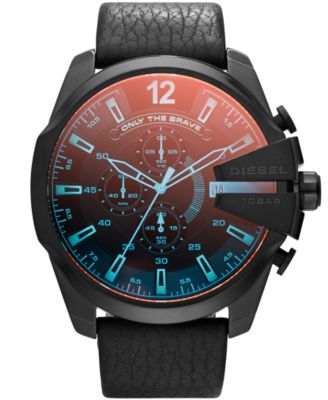 Diesel - Men's Chronograph Mega Chief Iridescent Crystal Black Leather Strap Watch 51mm DZ4323