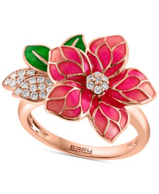 EFFY Collection - Pink & Green Enamel & Diamond Flower Ring (1/5 ct. t.w.) in 14k Rose Gold