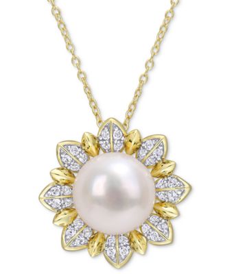 Macy's - Cultured Freshwater Pearl (8-1/2mm) & White Topaz (1 ct. t.w.) Flower 18" Pendant Necklace in Gold-Tone Plated Sterling Silver
