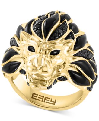 EFFY Collection - Men's Black Spinel & Enamel Lion Ring in 14k Gold-Plated Sterling Silver